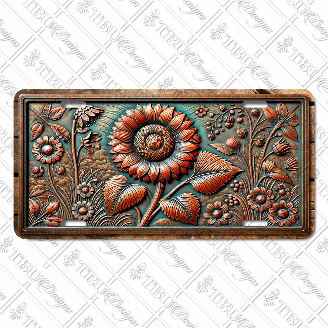 Rustic sunflower floral license plate featuring embossed-look artwork in copper and teal patina tones on aluminum.