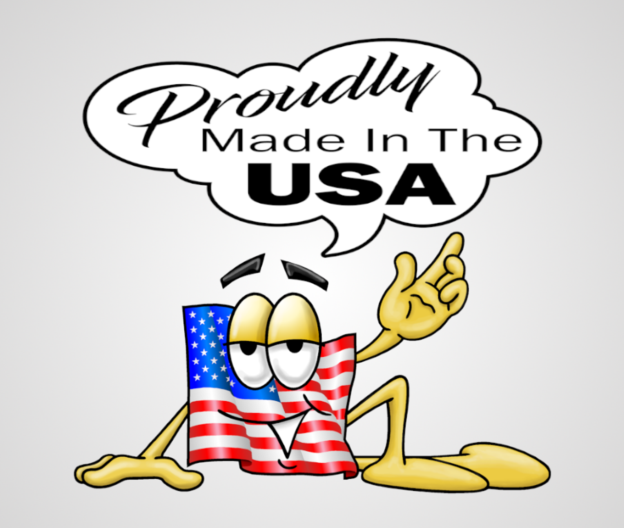 Cartoon graphic of a waving American flag character with arms, legs, and eyes, pointing upward to a speech bubble that reads "Proudly Made in the USA".