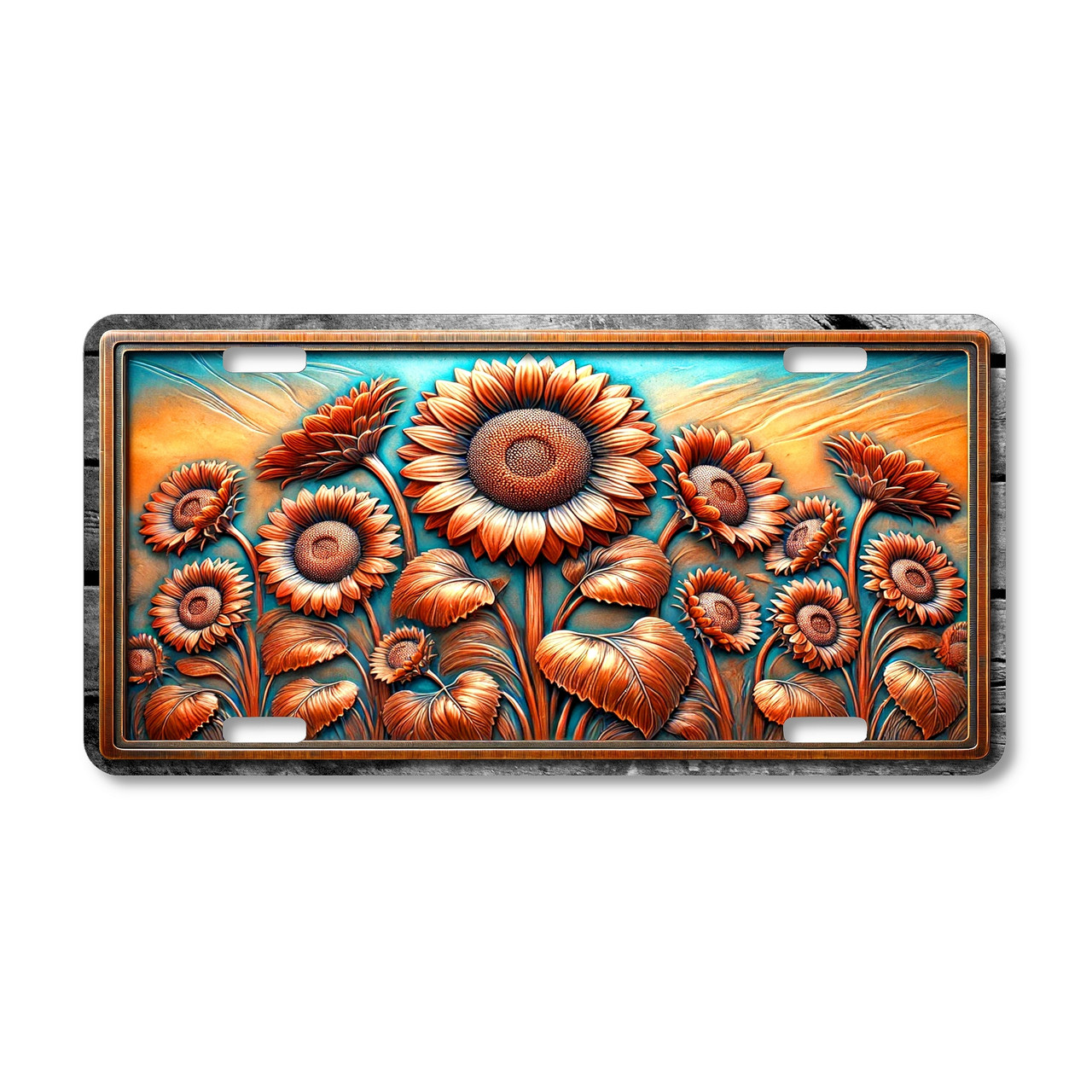Sunflower field floral license plate featuring a cluster of blossoms in copper and teal tones against a rustic sky in embossed-look artwork on aluminum.