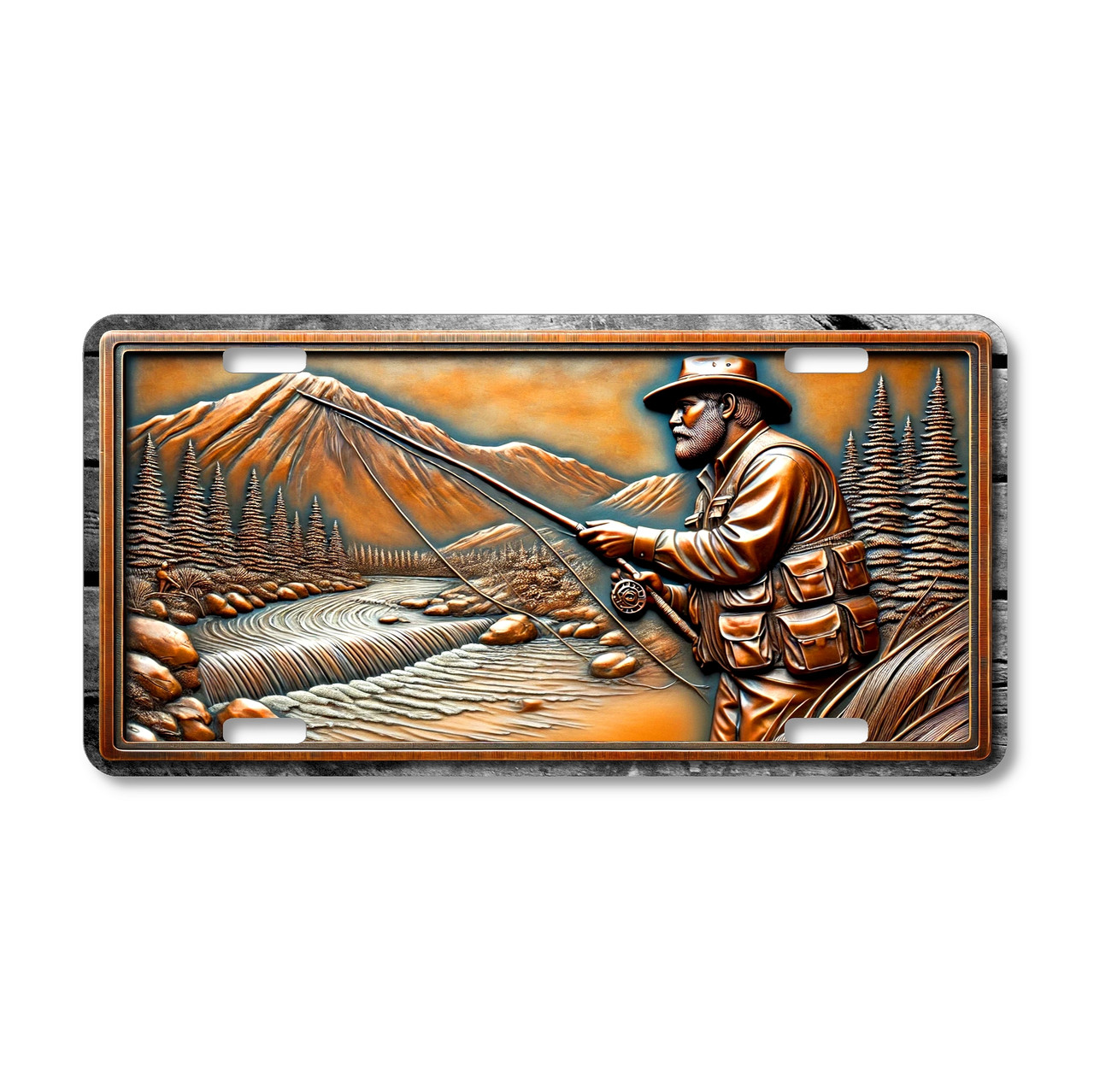 Rustic fishing license plate featuring a fly fisherman casting into a winding mountain stream with pine trees and rocky banks in embossed-look artwork.