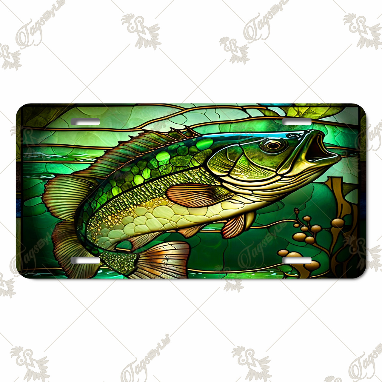 Vibrant largemouth bass license plate featuring stained-glass style design in greens and golds on rustic aluminum.