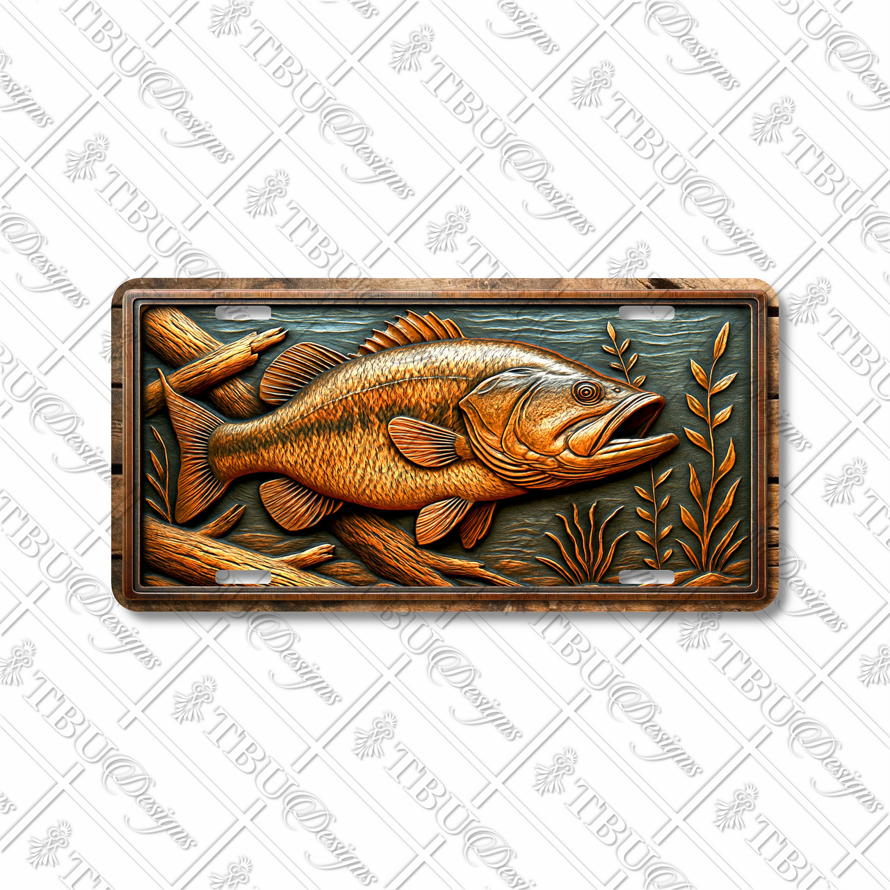: Rustic largemouth bass license plate featuring bold bronze and golden tones with underwater branches and plants in embossed-look artwork.