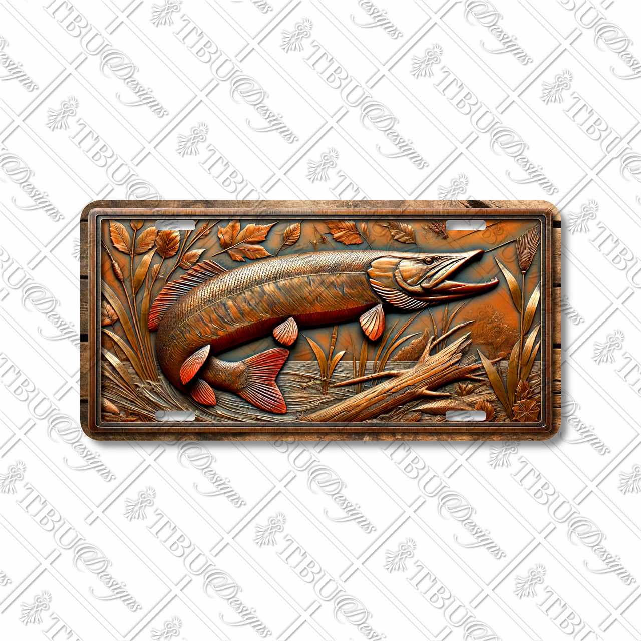 Rustic muskie license plate featuring bronze, copper, and red tones with marsh cattails and reeds in embossed-look artwork.
