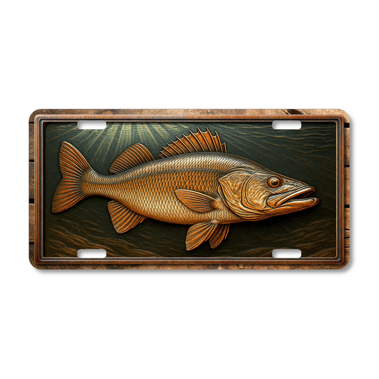 Rustic walleye license plate featuring golden bronze tones with underwater rays of light in embossed-look artwork.