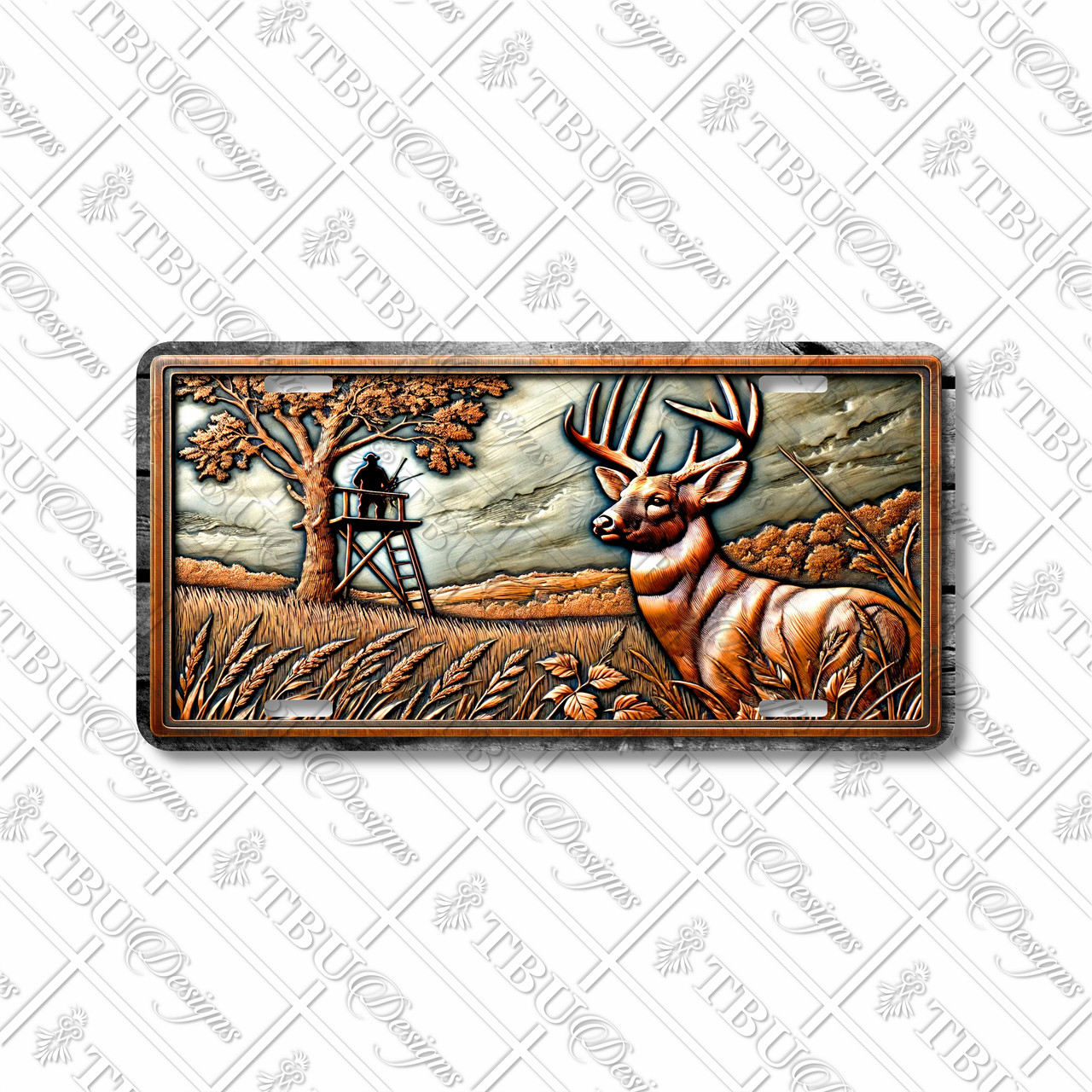 Rustic deer hunter license plate featuring embossed-look copper design of a buck in the field with hunter in tree stand under an oak tree on aluminum plate.
