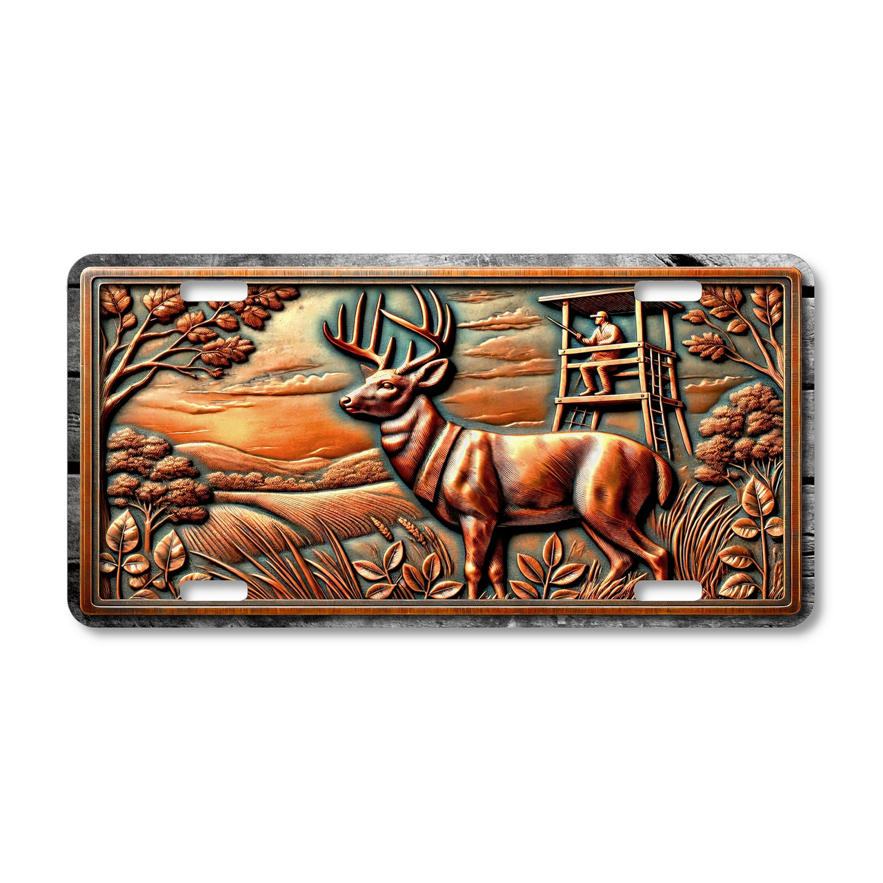 Rustic deer hunter license plate featuring embossed-look copper design with buck in foreground and hunter in tower stand against scenic outdoor backdrop.