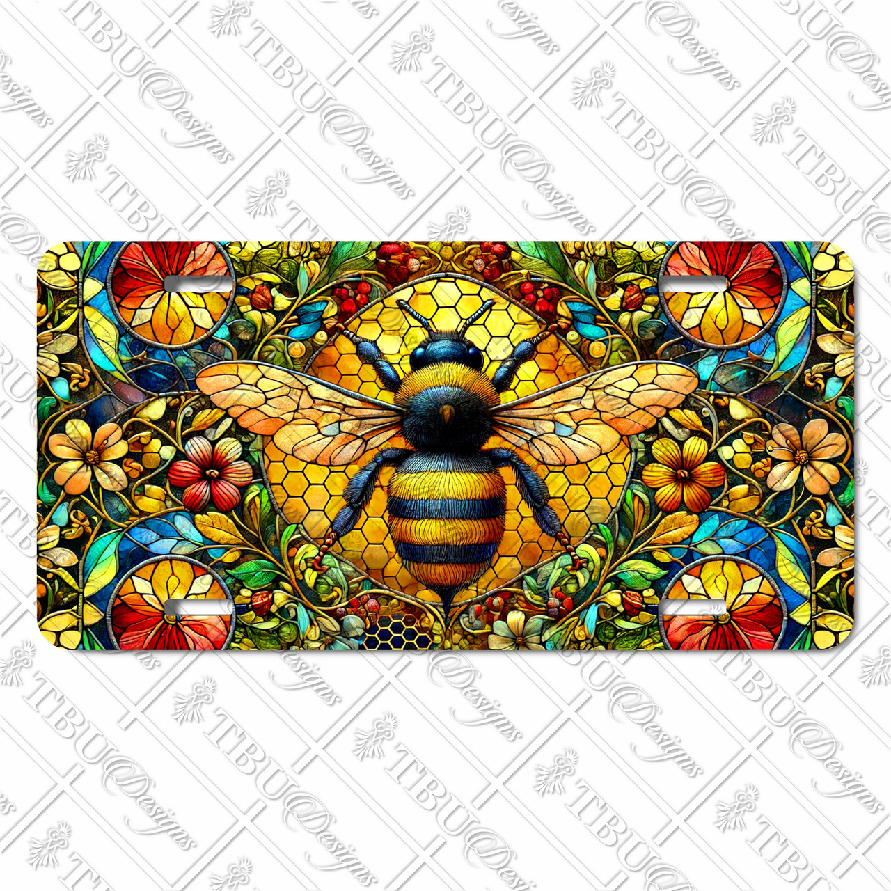 Stained glass bee license plate featuring colorful honeybee with honeycomb background and vibrant floral stained-glass style artwork on aluminum plate.