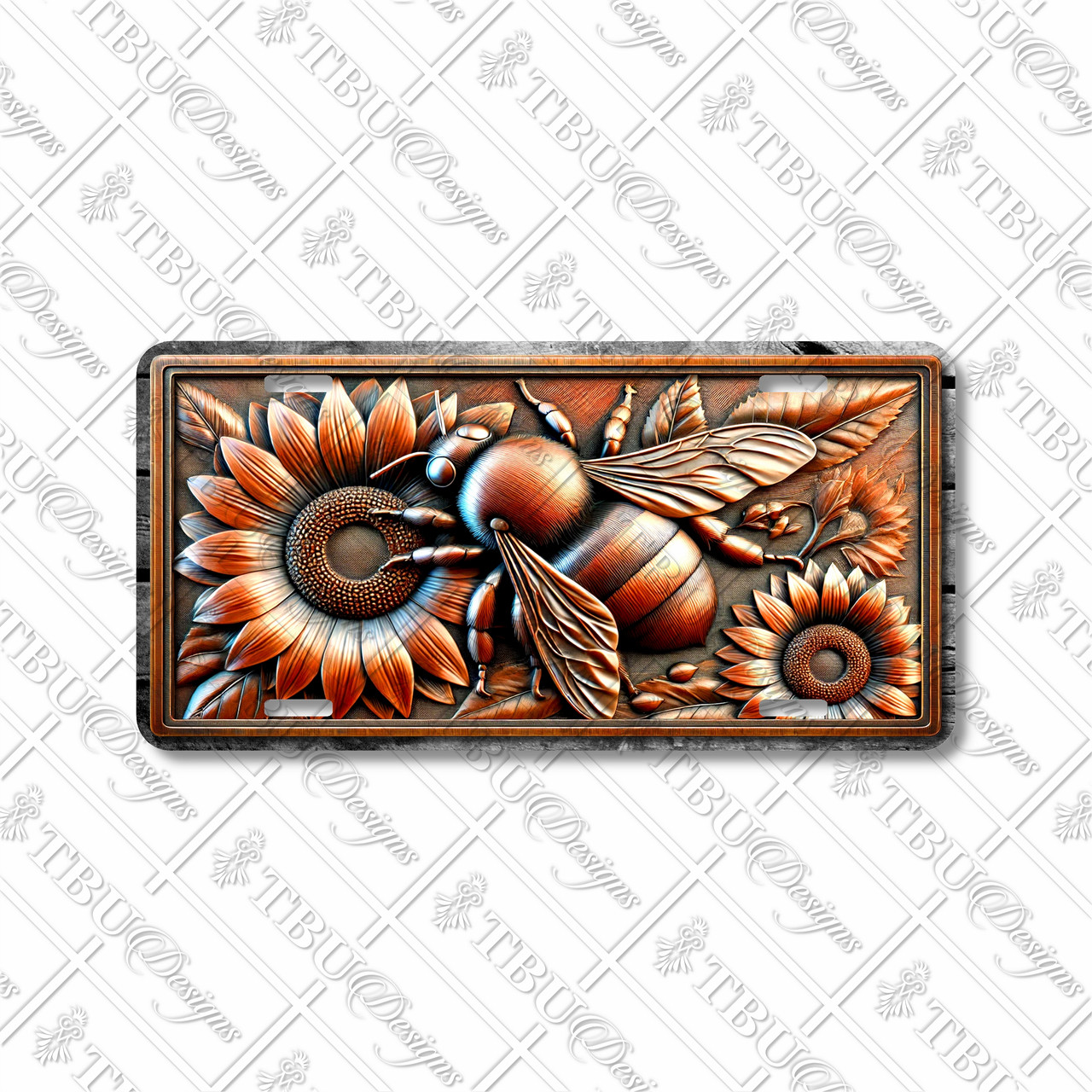 Rustic bee and sunflowers license plate featuring embossed-look copper design with honeybee surrounded by blooming sunflowers on aluminum plate.