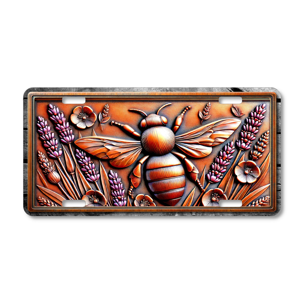 Rustic bee and lavender license plate featuring embossed-look copper design with honeybee and lavender flowers on aluminum plate.