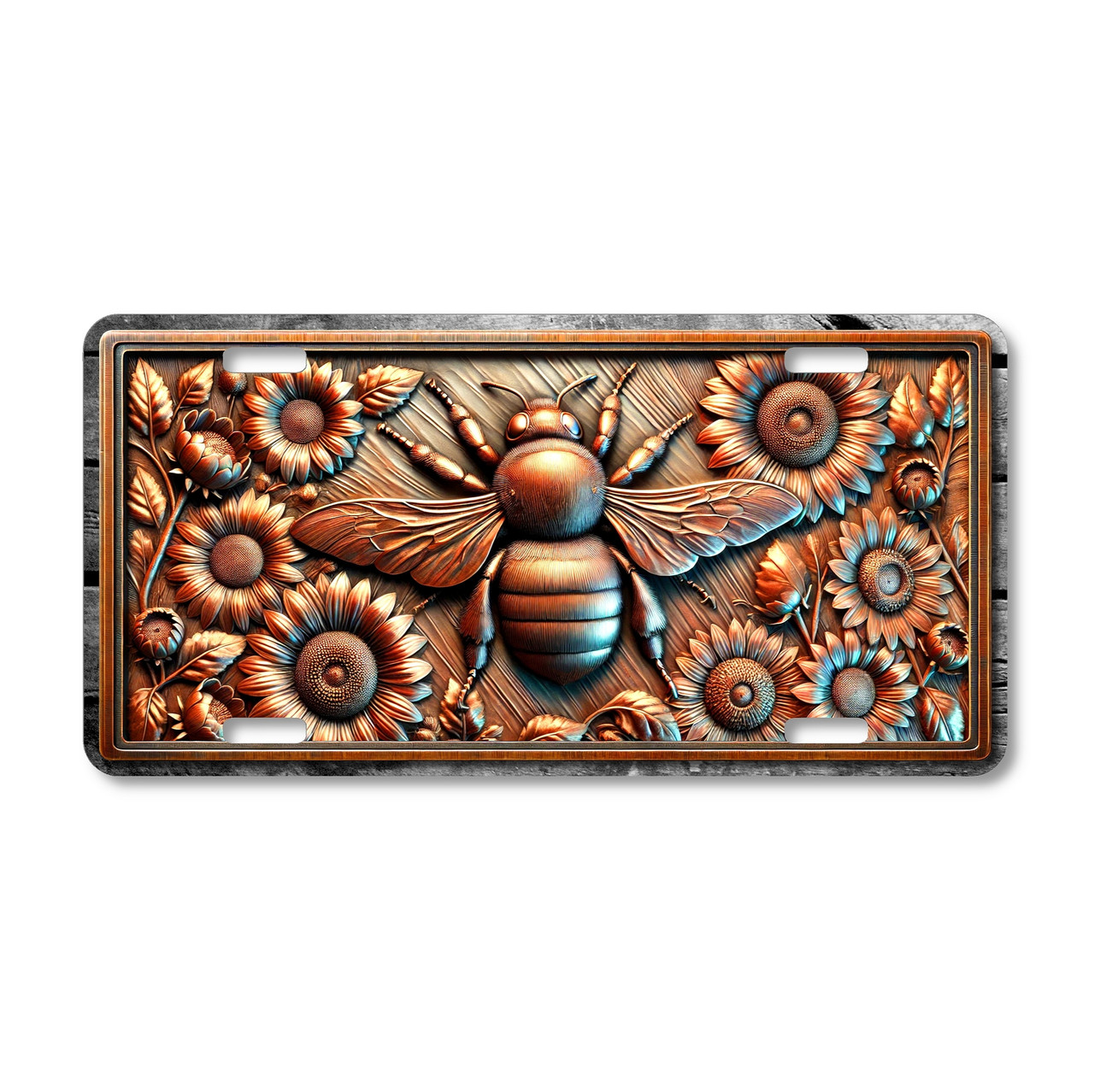 Rustic bee and sunflowers license plate featuring embossed-look copper design with honeybee surrounded by sunflower blossoms on aluminum plate.