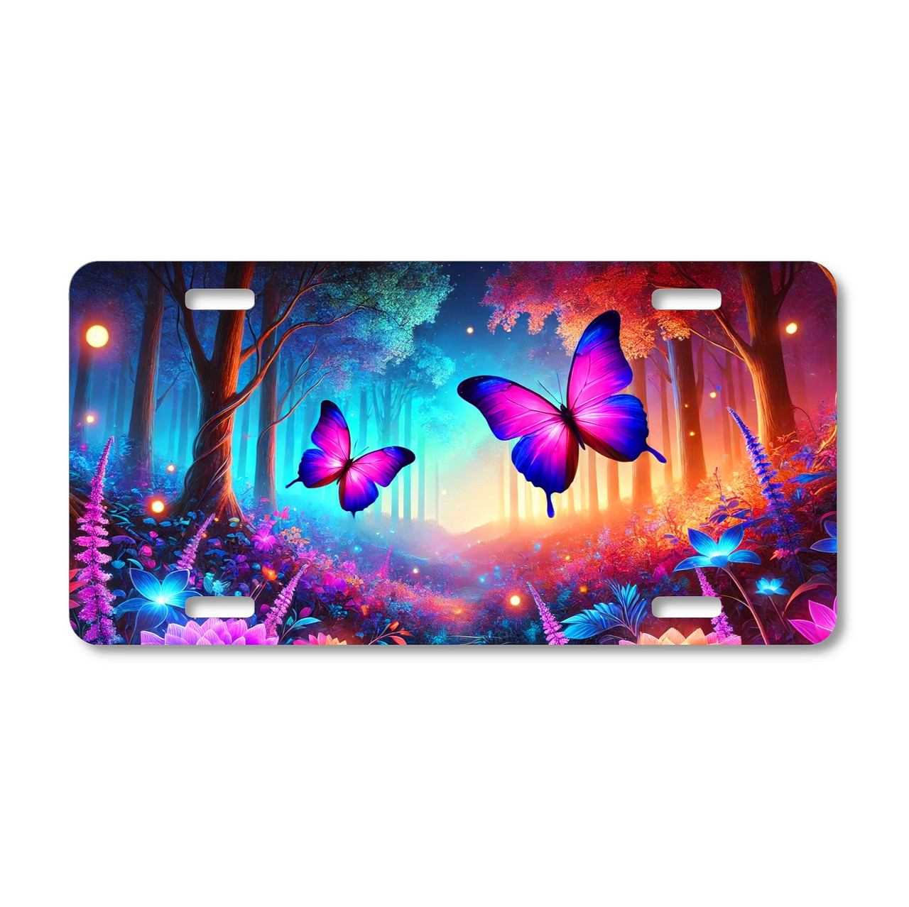 Fantasy license plate with two glowing purple butterflies in a vibrant enchanted forest with colorful flowers and illuminated trees.
