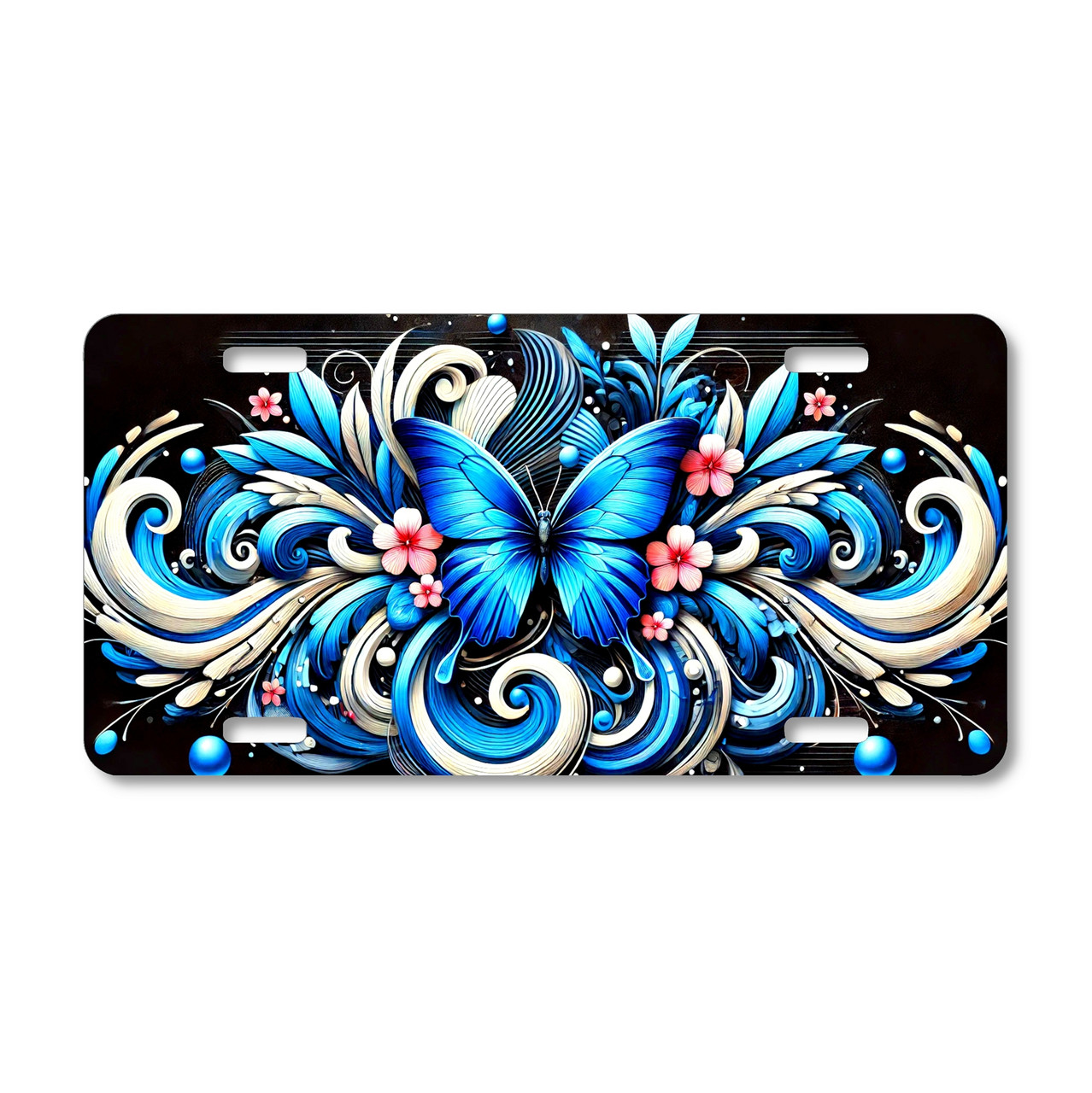 License plate featuring a radiant blue butterfly with swirling floral and wave-like patterns in blue, ivory, and pink on a black background.