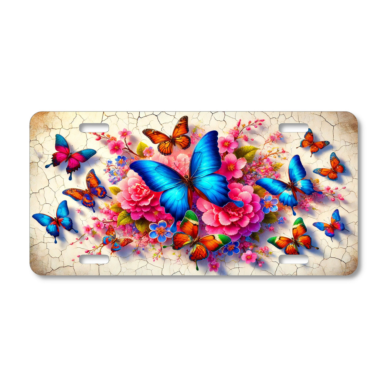 License plate featuring vivid blue and orange butterflies among lush pink flowers on a textured, vintage-style background.