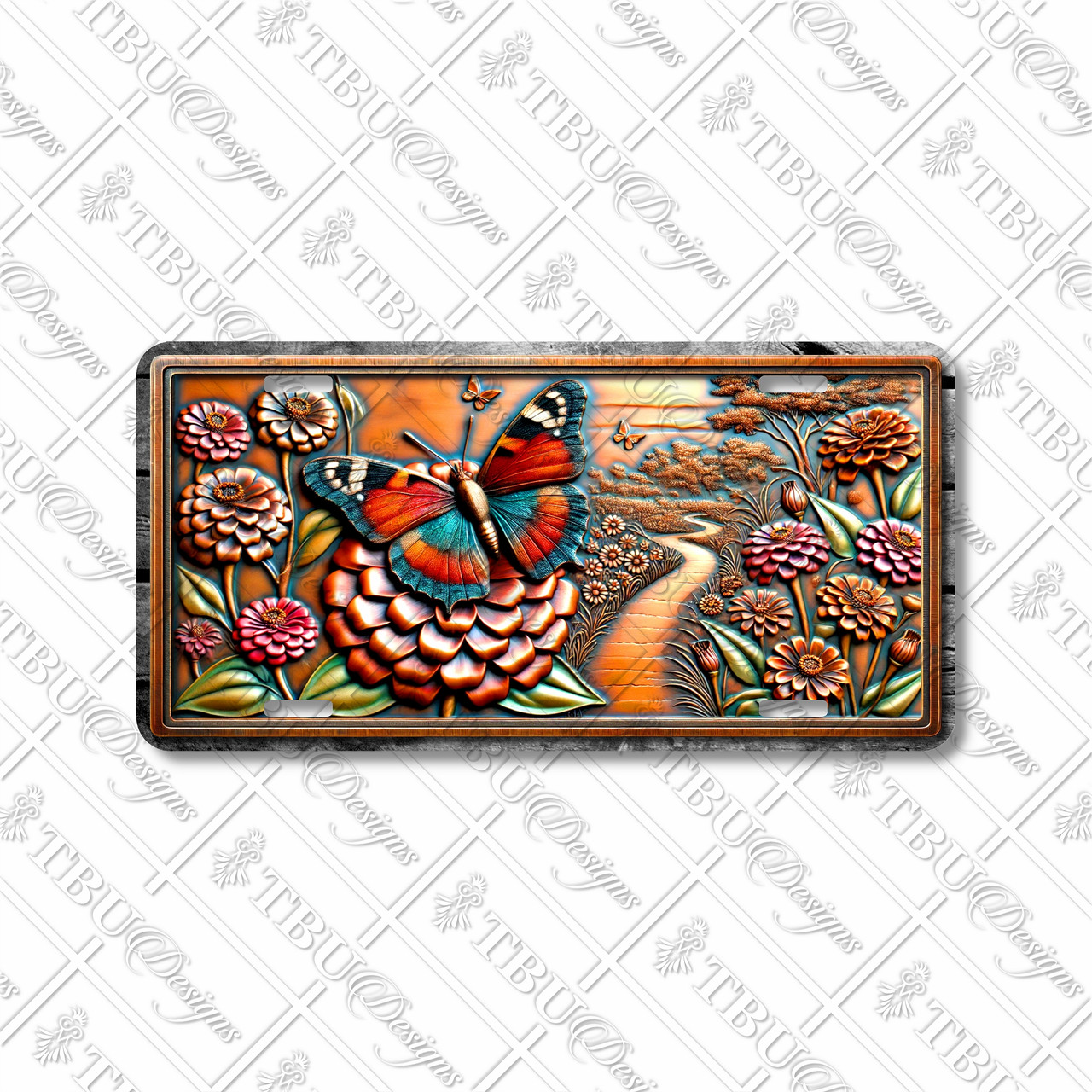 License plate featuring a colorful butterfly perched on a zinnia flower, surrounded by blooming garden flowers and a rustic pathway.