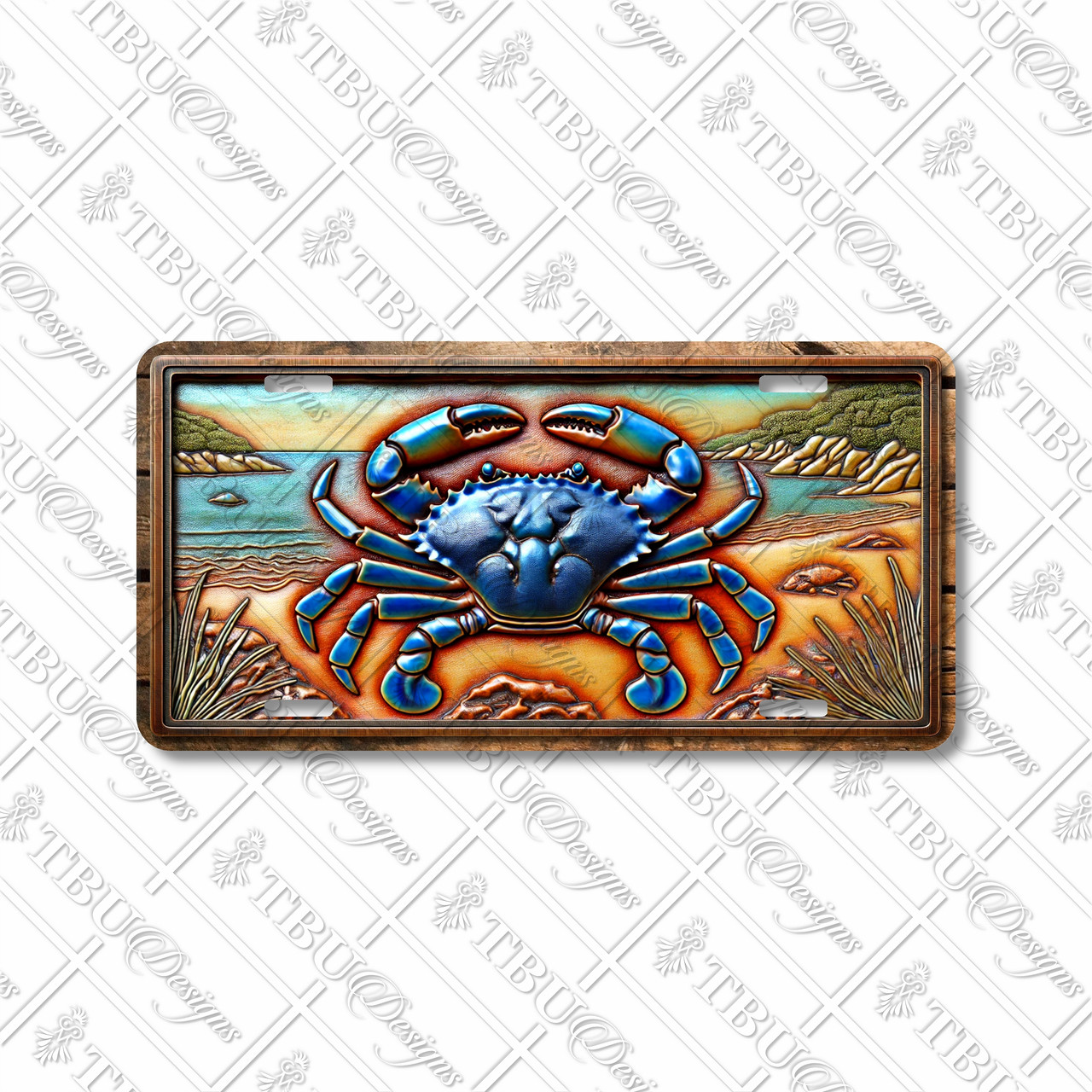 Blue Crab license plate featuring bold coastal beach scene with vivid blue crab and rustic shoreline artwork, printed on aluminum.