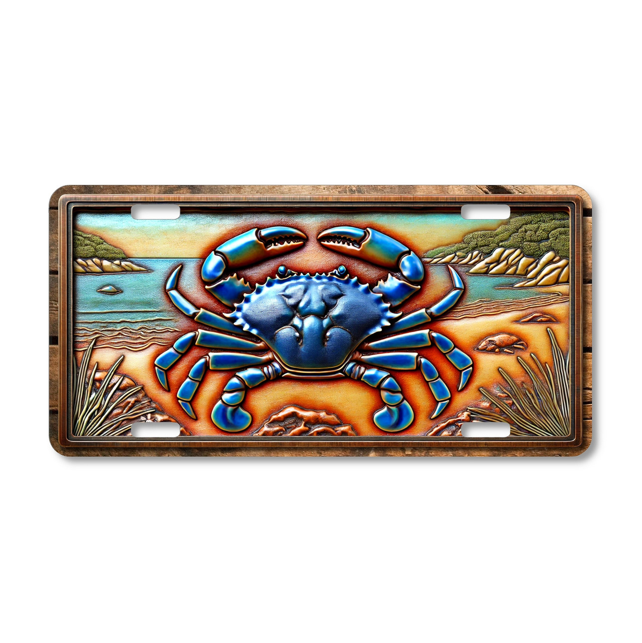 Blue Crab license plate featuring bold coastal beach scene with vivid blue crab and rustic shoreline artwork, printed on aluminum.