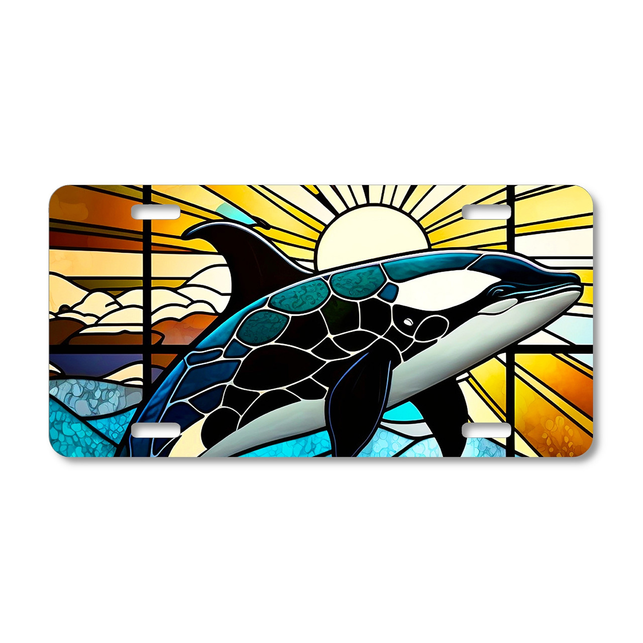 Orca license plate featuring stained glass-style design with a leaping whale against a radiant sunset ocean backdrop, printed on aluminum.