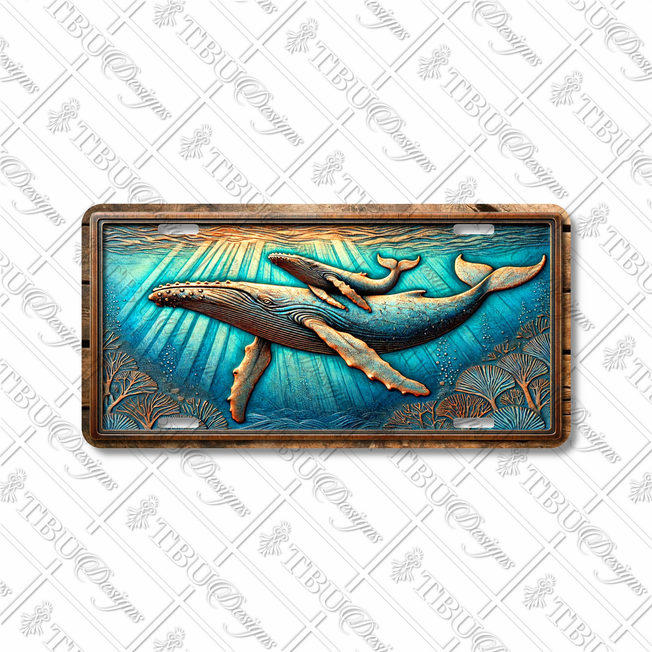 Whale license plate featuring rustic embossed-look design of mother and calf swimming under sunlit ocean water, printed on aluminum.