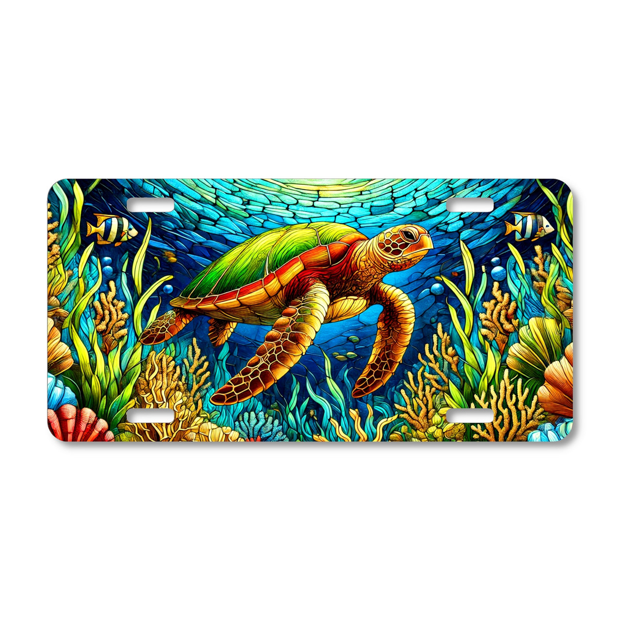 Sea Turtle license plate featuring stained glass-inspired underwater coral reef design with turtle and tropical fish, printed on aluminum.