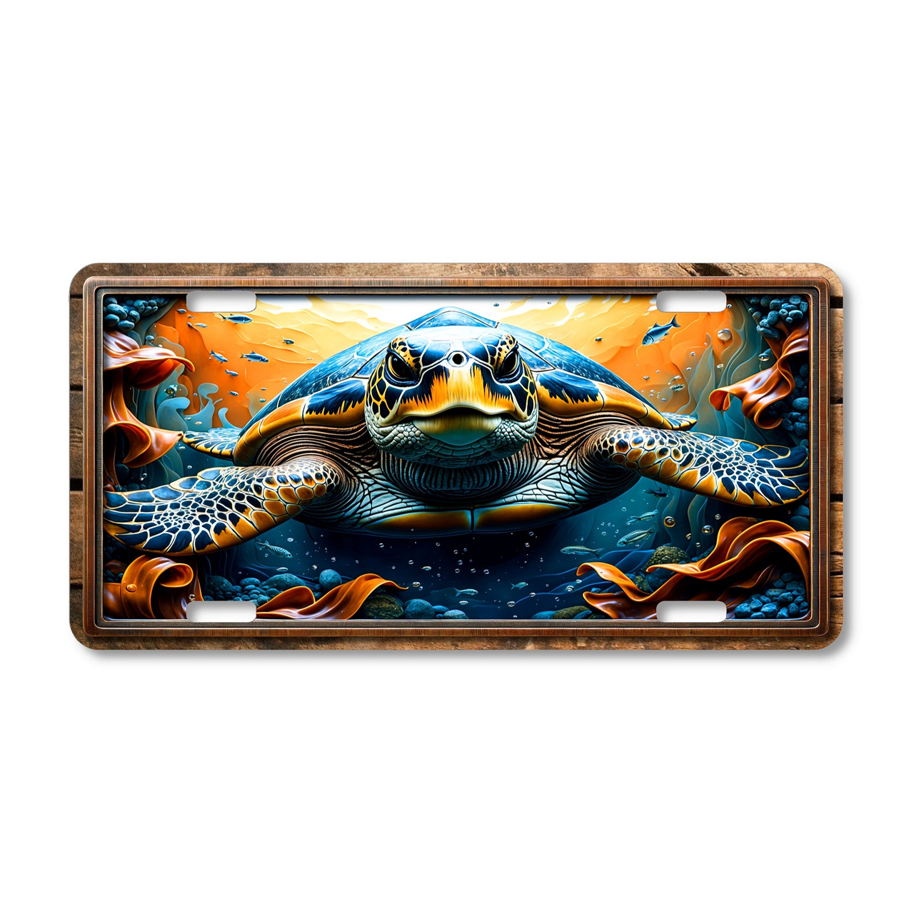 Bold ocean turtle license plate featuring dramatic head-on turtle design in blue, orange, and gold tones with flowing sea plants.