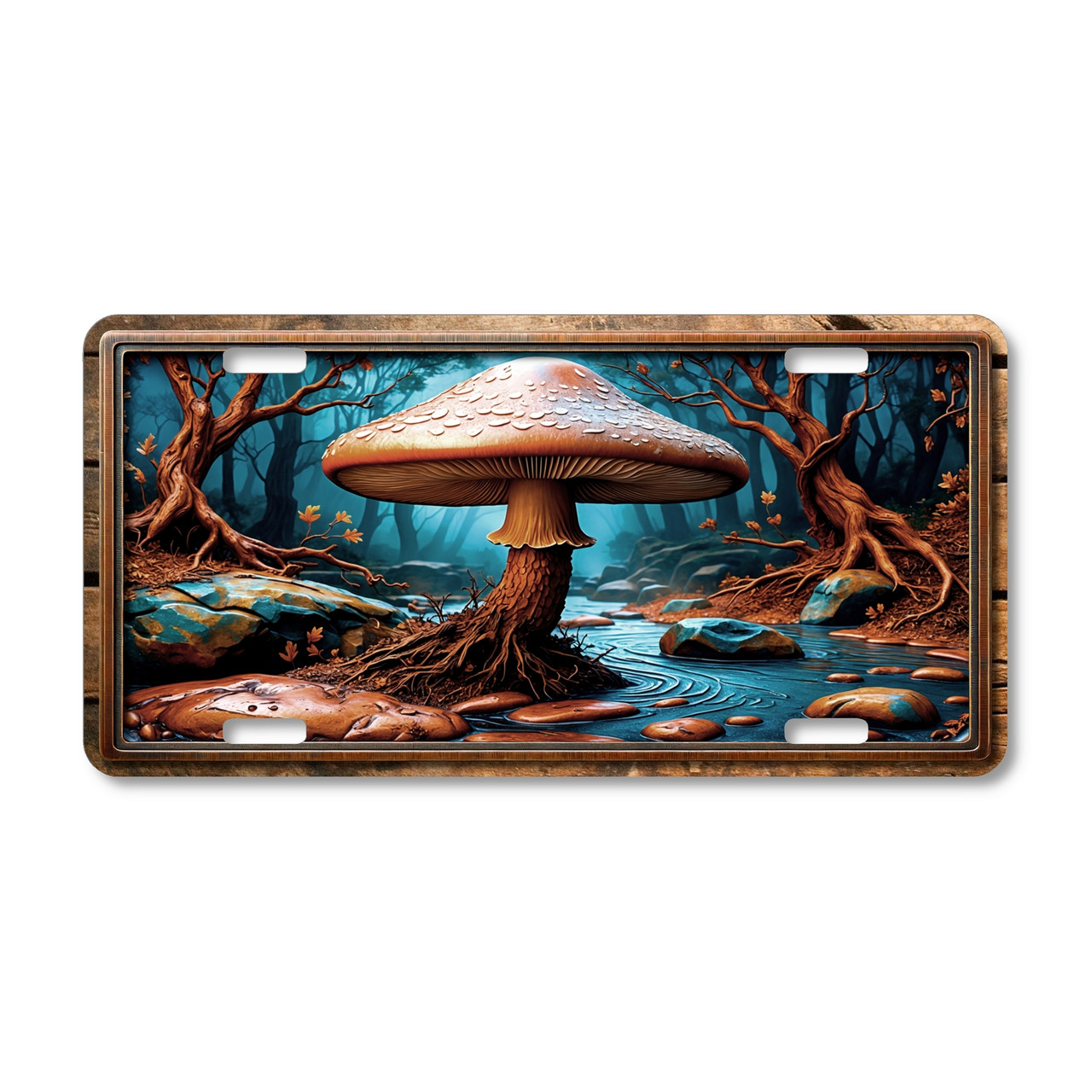Enchanted mushroom license plate featuring woodland stream, bronze mushroom, twisting trees, and rustic embossed-look style.