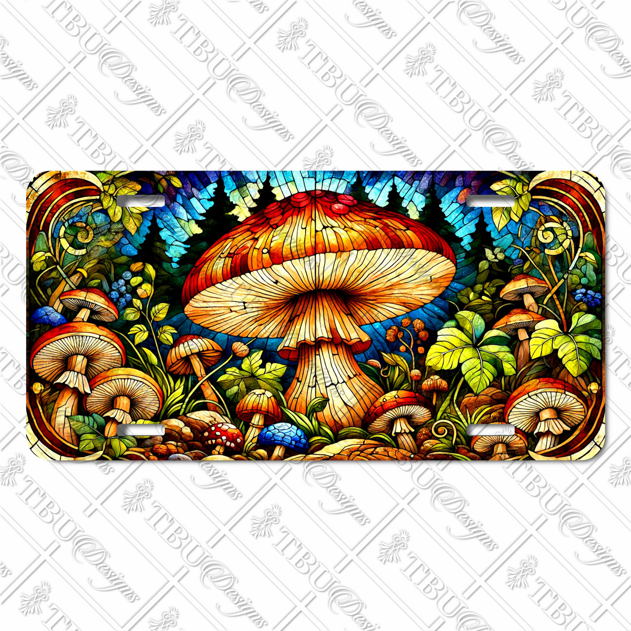 Stained glass mushroom license plate featuring vibrant woodland scene with glowing mushrooms, vines, and colorful leaves.