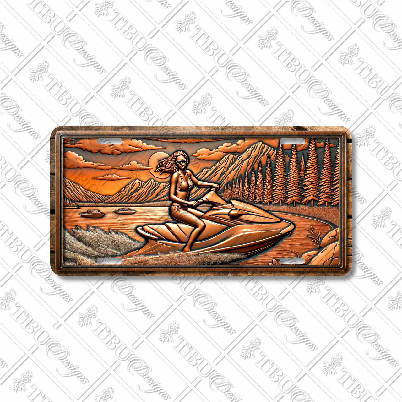 Rustic jet ski rider license plate featuring woman on jet ski against copper-toned mountain lake and pine forest background.