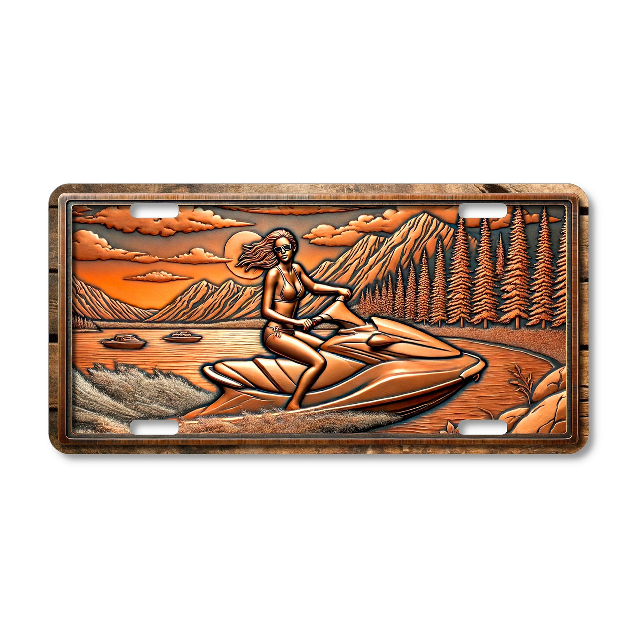 Rustic jet ski rider license plate featuring woman on jet ski against copper-toned mountain lake and pine forest background.