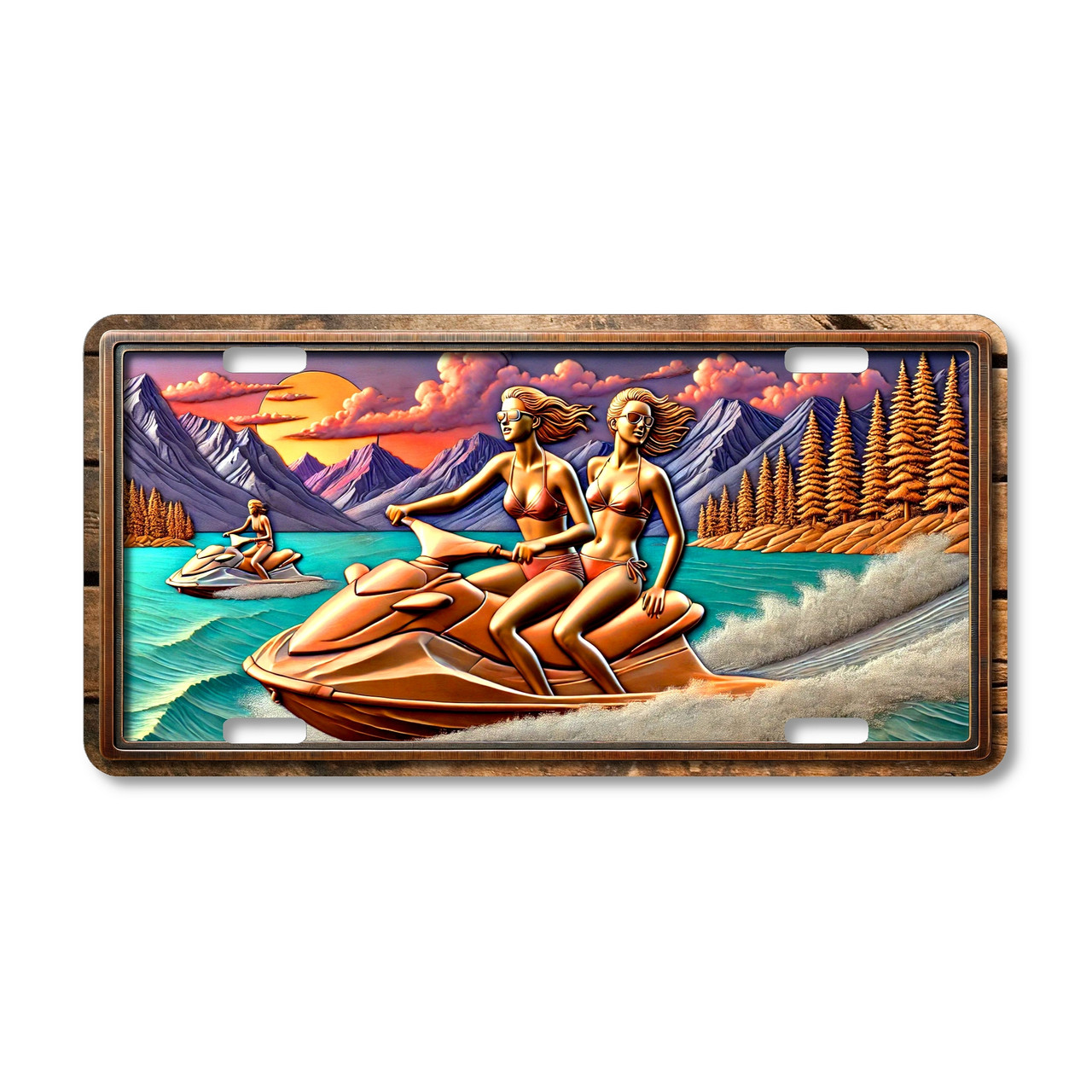 Jet ski duo license plate featuring two women riding across turquoise waters with mountain backdrop, copper sunset, and embossed-look details.