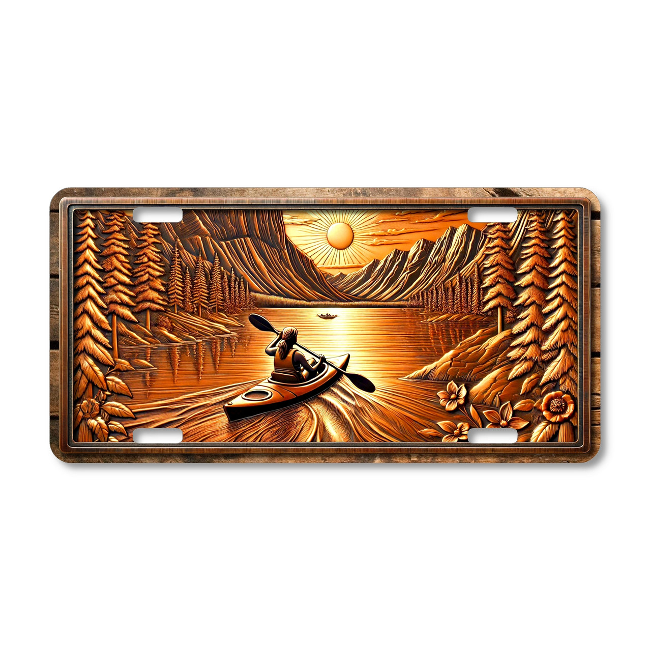 Golden sunset kayak license plate featuring a rustic mountain lake scene with glowing copper tones, aluminum construction.