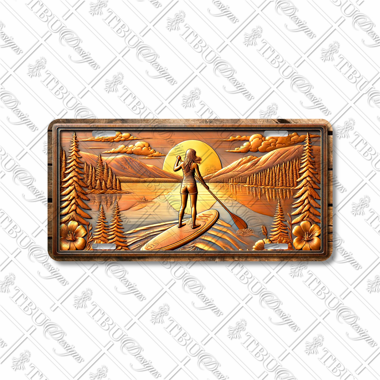 Sunset paddle boarding license plate featuring rustic copper mountain lake scene, glowing tones, aluminum construction.