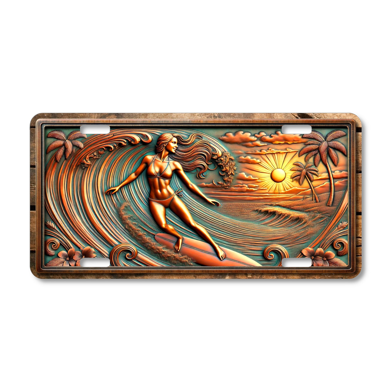 Sunset surfing wave license plate featuring rustic copper-and-teal tropical ocean design with palm trees and sunset.