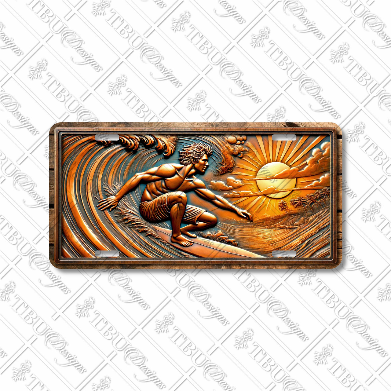 Surfing sunset rider license plate featuring rustic copper-and-teal wave design with glowing tropical sunset.