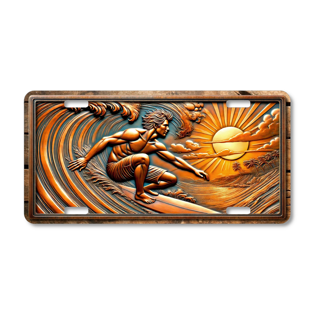 Surfing sunset rider license plate featuring rustic copper-and-teal wave design with glowing tropical sunset.