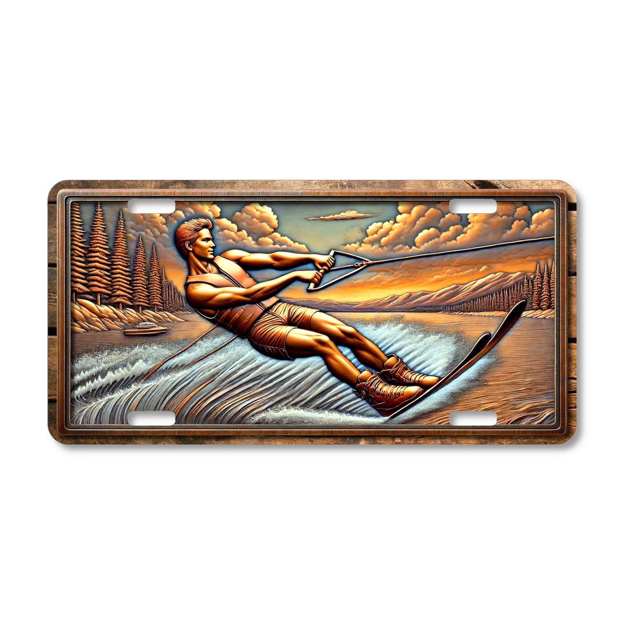 Water skiing sunset license plate featuring rustic copper-and-blue skier design with glowing sky, aluminum construction.