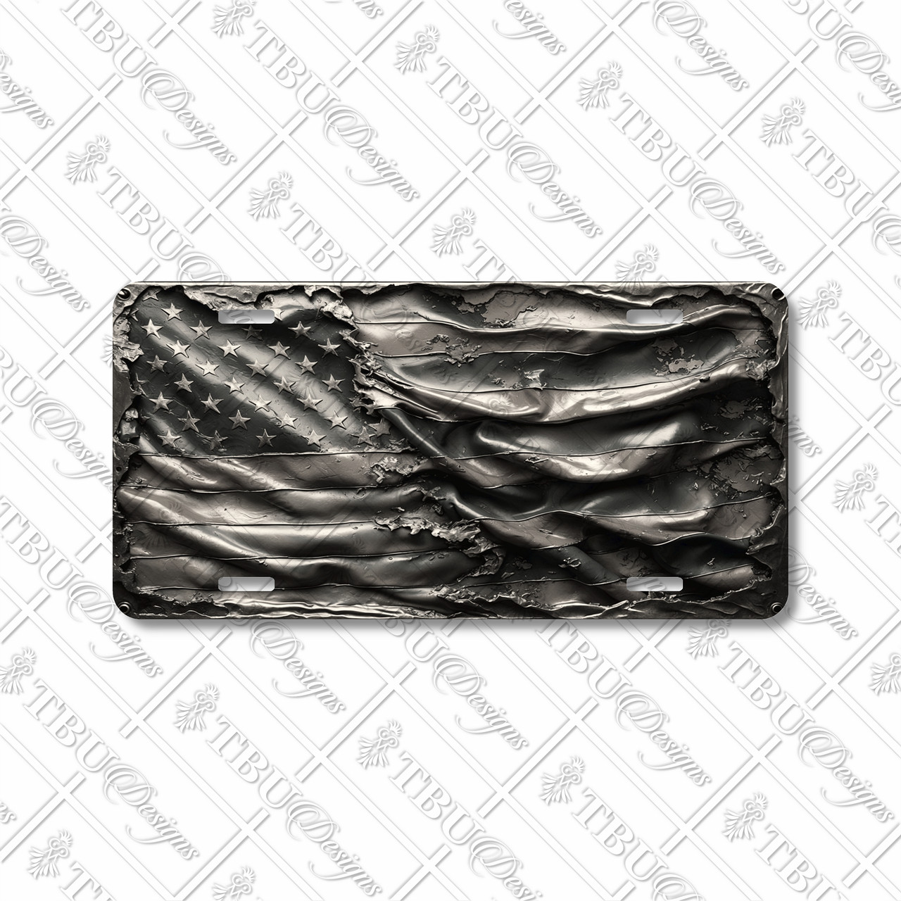 Weathered American flag license plate featuring distressed metallic grayscale design in embossed-look artwork on aluminum.