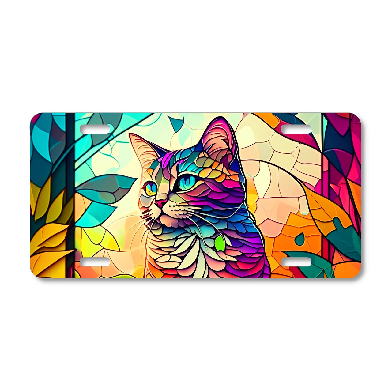 Stained glass cat license plate featuring colorful mosaic-inspired feline design in bold artistic style on aluminum.