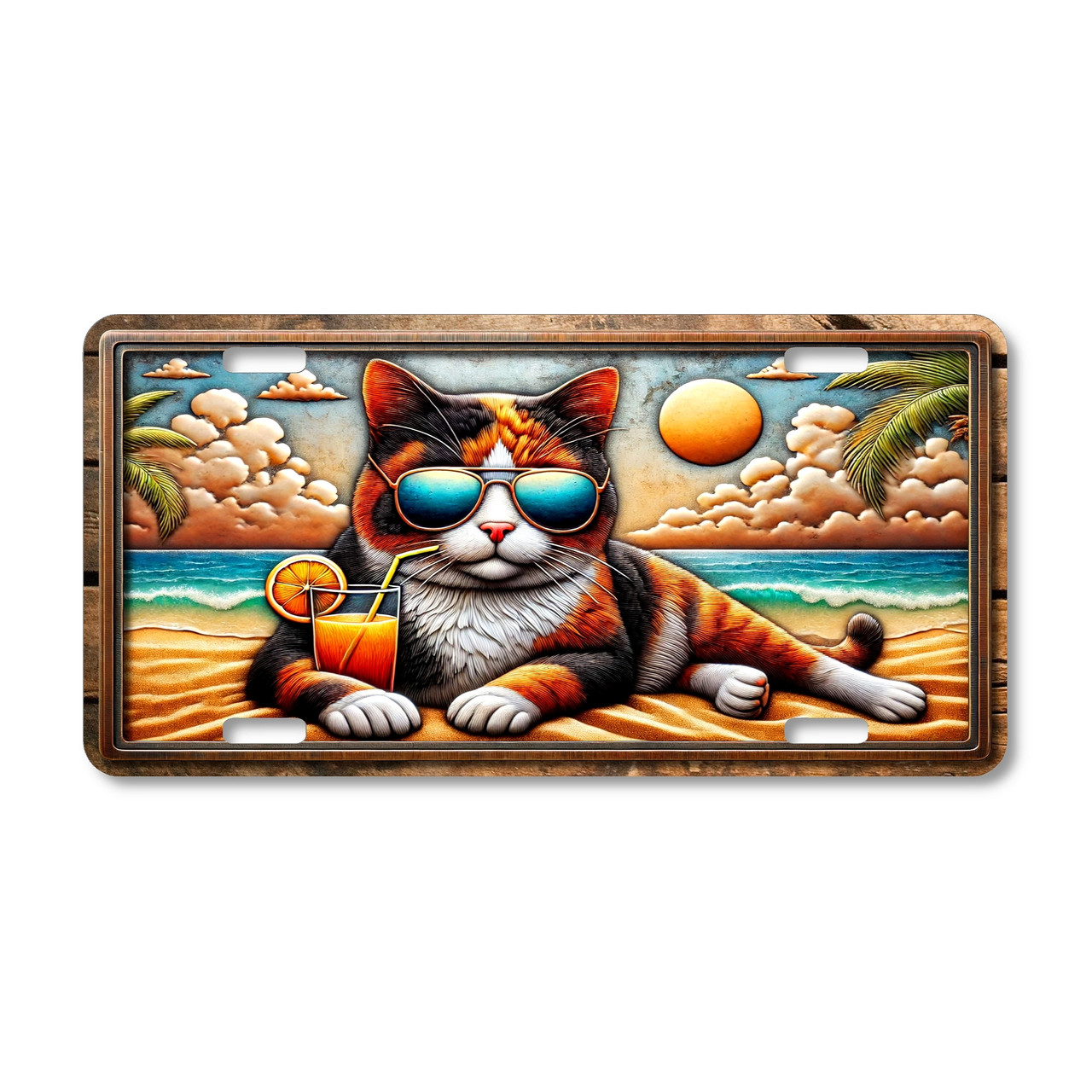 Beach cat license plate featuring a feline with sunglasses lounging on the sand with a drink, tropical palm trees, and sunset sky in embossed-look artwork.