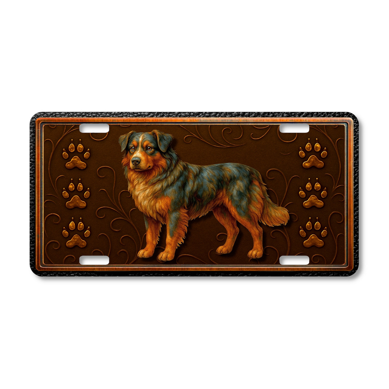Australian Shepherd license plate featuring embossed-look rustic artwork of the herding dog with paw prints on a textured bronze background.