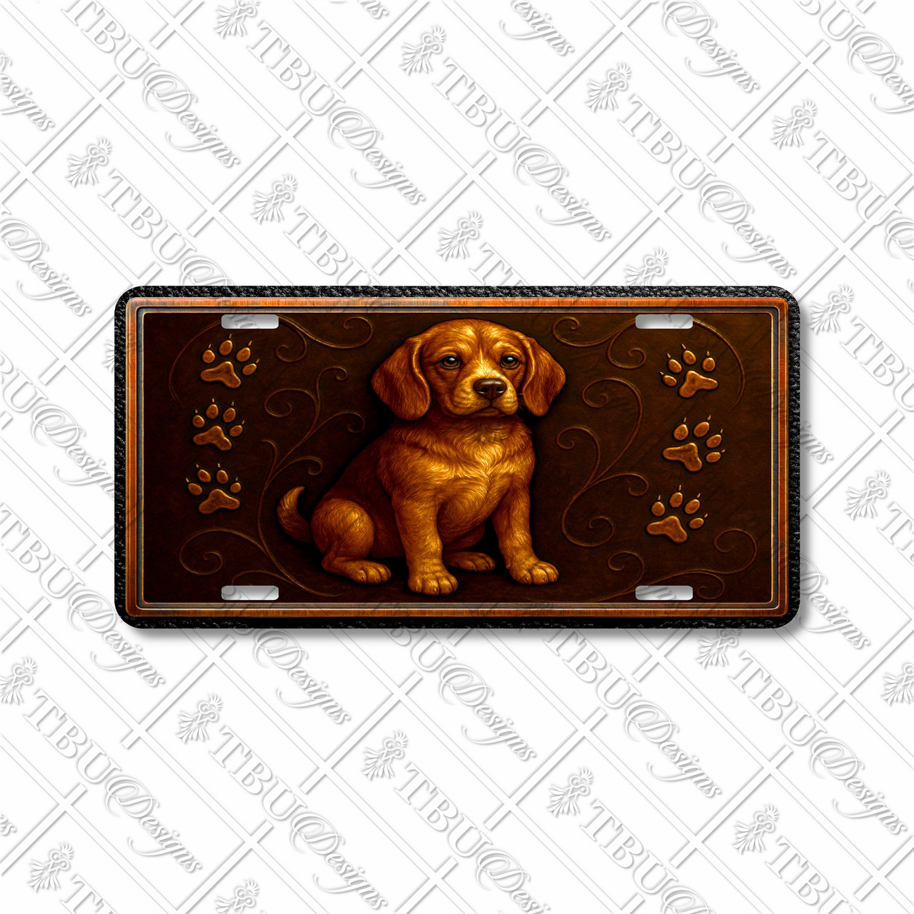 Beagle puppy license plate featuring embossed-look rustic artwork in warm bronze and gold tones with paw prints on a textured background.