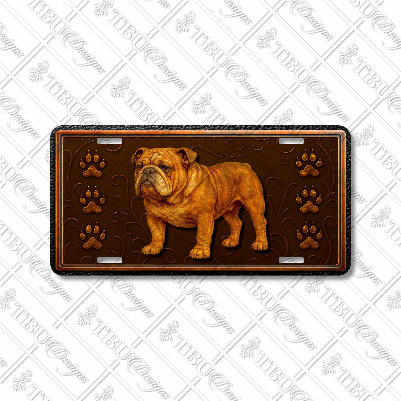English Bulldog license plate featuring embossed-look rustic artwork in copper and bronze tones with paw prints on a textured background.