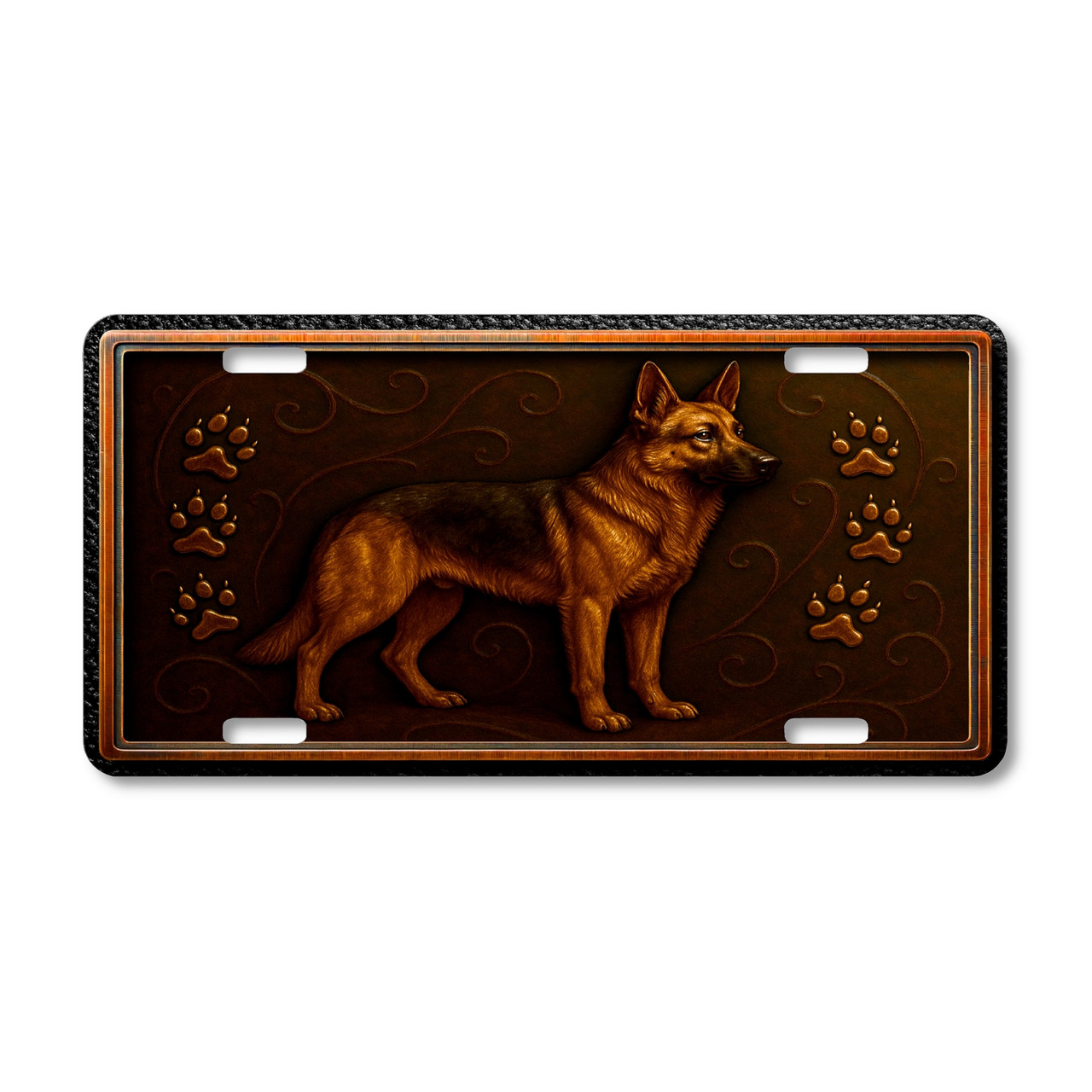 German Shepherd license plate featuring embossed-look rustic artwork in copper and bronze tones with paw prints on a textured background