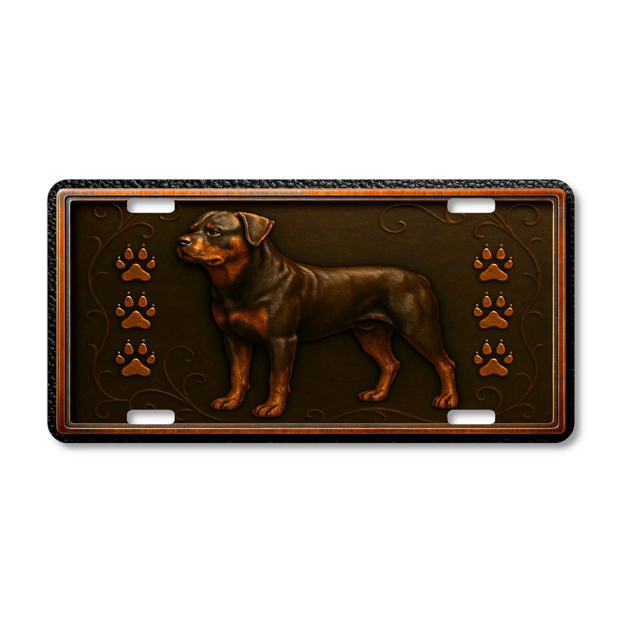 Rottweiler dog license plate featuring a muscular copper-toned dog with ornate embossed-look swirls and paw prints on a rustic aluminum background.