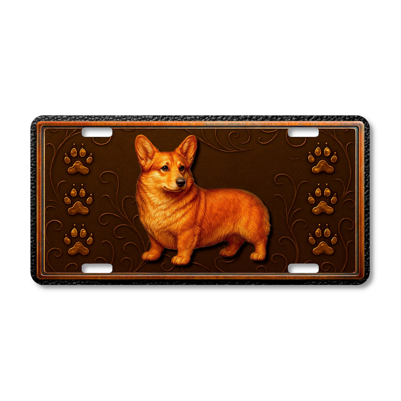 Corgi dog license plate featuring a cheerful copper-toned Corgi with short legs and fluffy coat, ornate embossed-look swirls, and paw prints on a rustic aluminum background.
