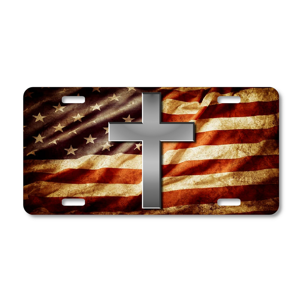 American Flag Cross license plate featuring bold metallic cross centered on weathered U.S. flag background in rustic embossed-look artwork on aluminum