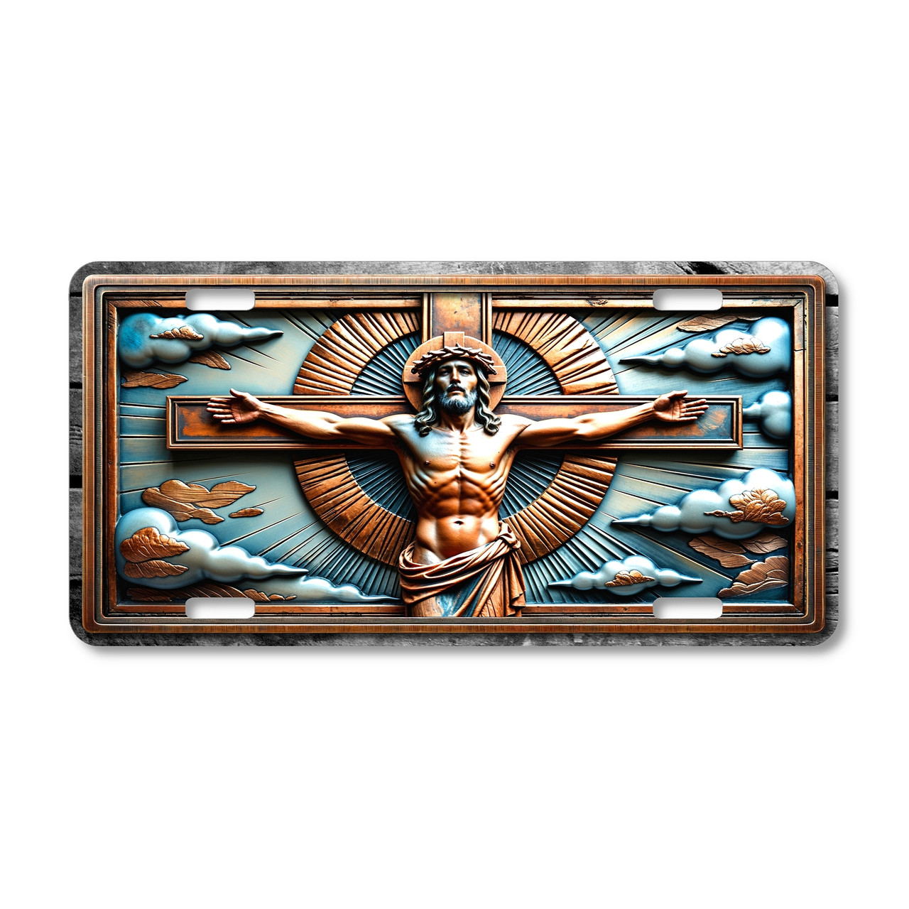 Christ on the Cross license plate featuring bronze Jesus with crown of thorns, radiant beams of light, and clouds in rustic embossed-look artwork on aluminum.