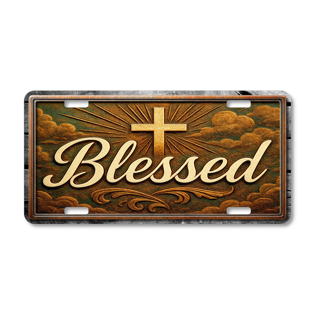 Blessed with Cross license plate featuring golden script lettering with radiant cross and glowing beams over rustic cloud backdrop in embossed-look artwork on aluminum