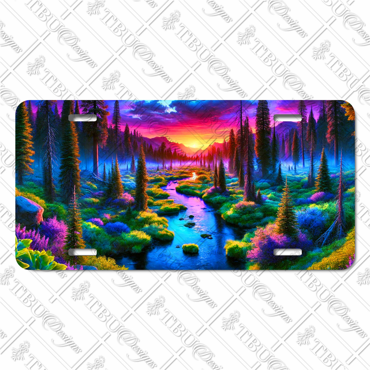 Mountain river sunset license plate featuring vivid skies, pine forests, and flowing river in rustic embossed-look artwork on aluminum.