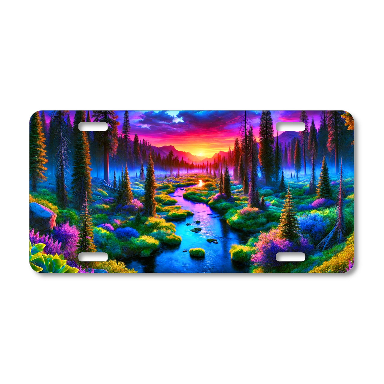 Mountain river sunset license plate featuring vivid skies, pine forests, and flowing river in rustic embossed-look artwork on aluminum.