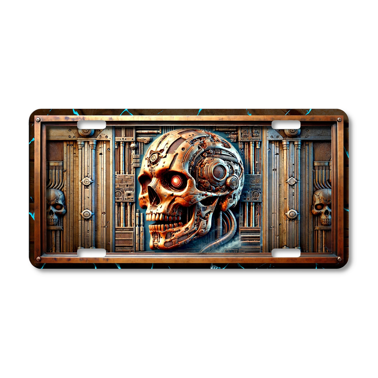 Cyborg skull license plate featuring glowing red eyes, gears, and metallic plating in rustic embossed-look artwork on aluminum.